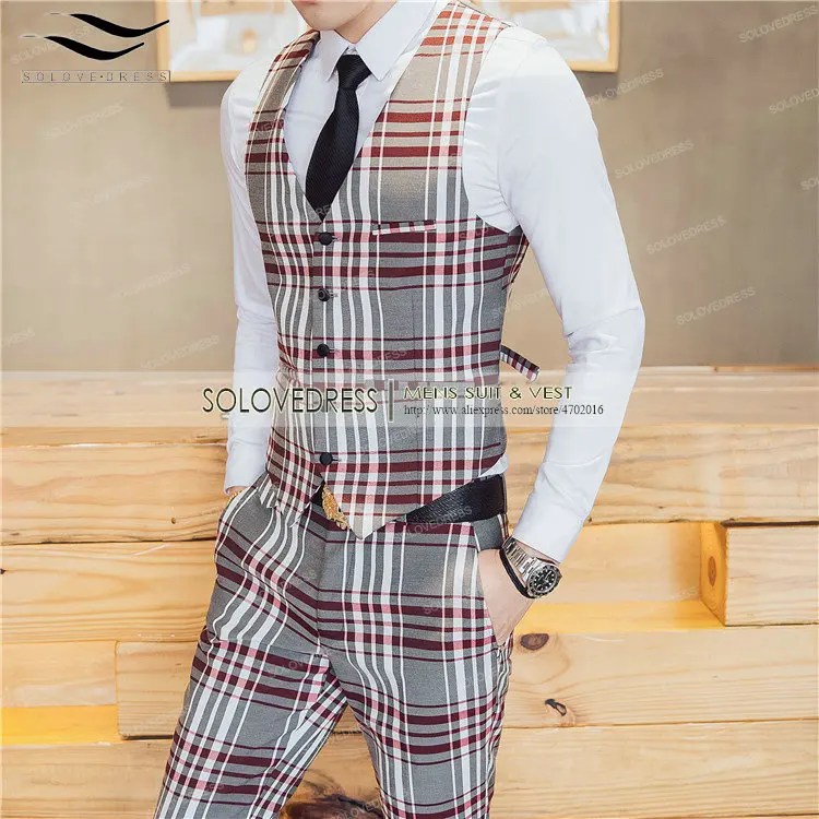 Solovedress клетчатый мужской костюм из 3 предметов, приталенный, на одной пуговице, торжественное платье, фрак, Блейзер, куртка, жилет под смокинг и брюки, полиэстер
