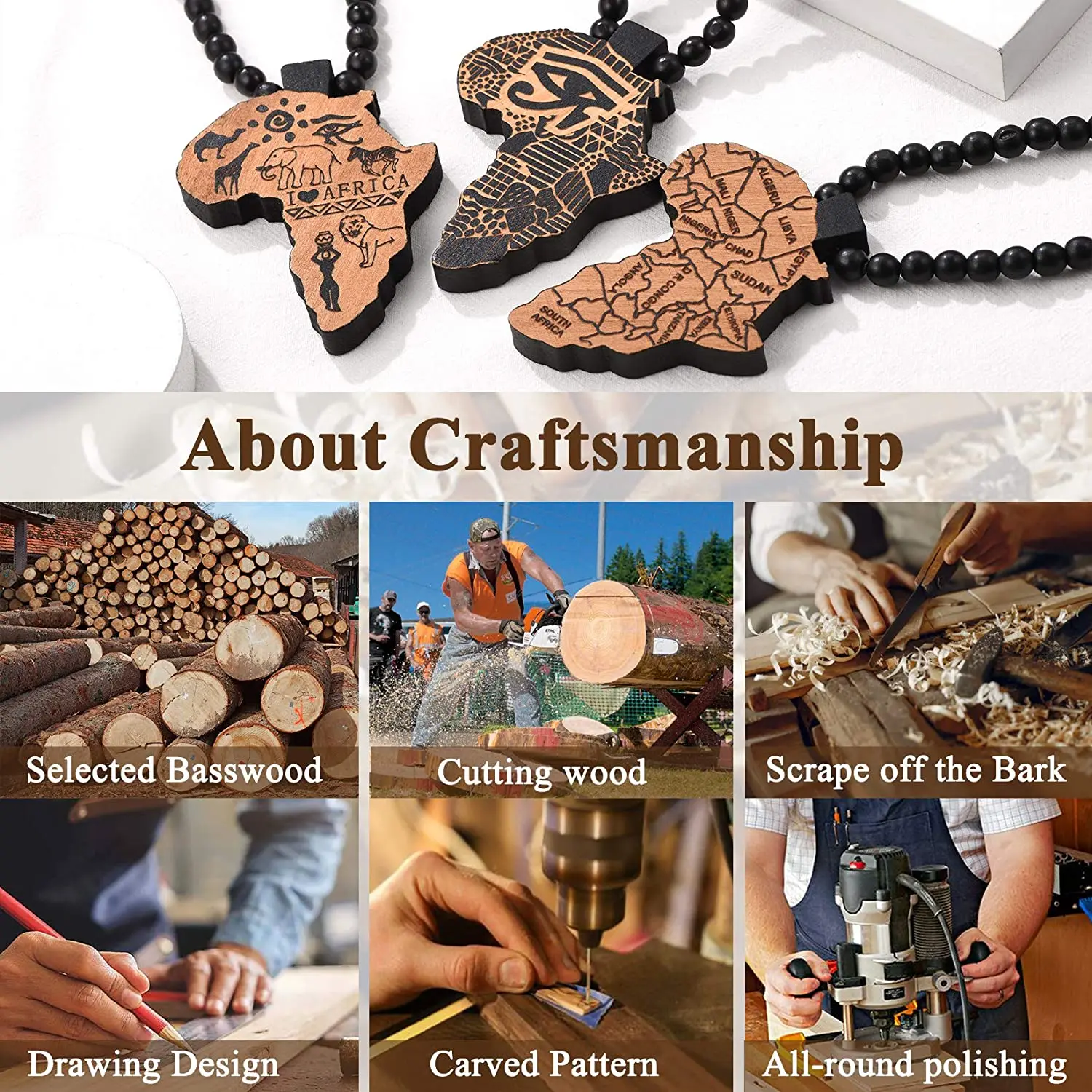 メンズAfrica Map木製Lion African木製ビーズチェーンネックレス　並行輸入品