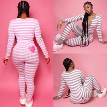 

2020 Women Long Sleeve Stripe Bodycon Jumpsuit Body Romper Slim Fit Top Autumn Leotard Bodycon Sleepwear Sexy Trousers Tracksuit