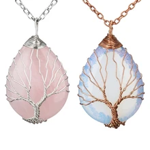 Розовый натуральный камень кварца ожерелье с опалом и кулон серебро-цвет Дерево жизни проволока обернутая Капля воды Форма для женщин мужчин ювелирные изделия