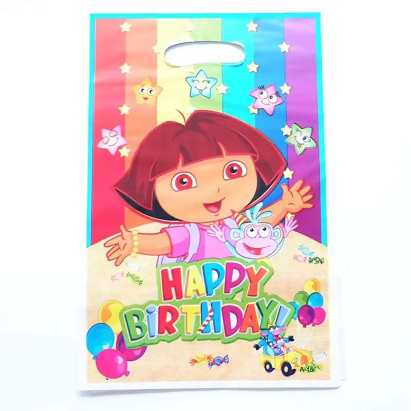 20 шт./лот, с днем рождения, на вечеринку, бабочка, цветок, мультфильм, тема, Лут, сумка для детского душа, для украшения девочек, сувениры, пластиковые подарочные сумки - Цвет: Dora