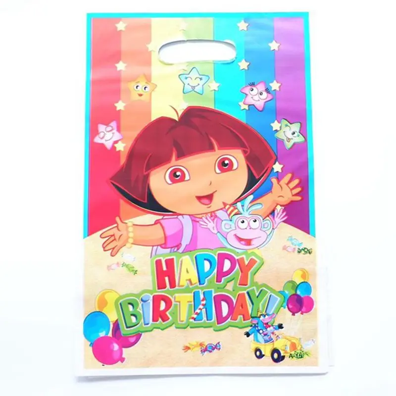 Dora 20 шт./лот, с днем рождения, на вечеринку, бабочка, цветок, мультфильм, тема, Лут, сумка для детского душа, для украшения девочек, сувениры, пластиковые подарочные сумки - Цвет: Dora