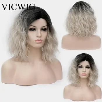 

VICWIG Blonde Mixed Black Color Gradient Short Wig Synthetic Cosplay Wig Green Orang Blue Purple Pink Curly Wigs for Women