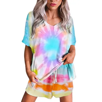 

Ladies Pajamas Set V-neck Tie-dye Short-sleeved Top + shorts Set Home Service Set S-2XL