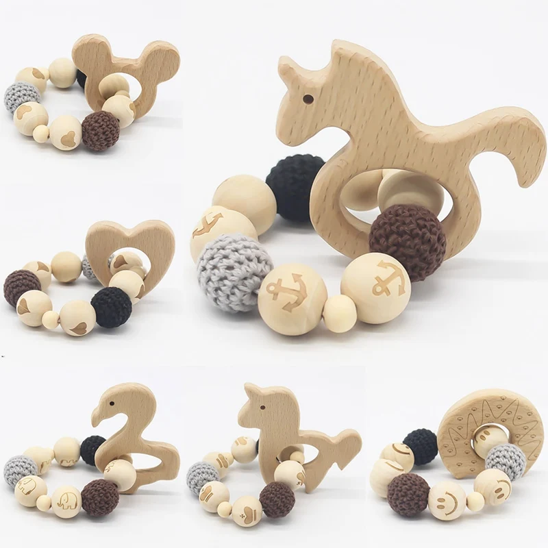 Baby Elm Teether Bracelet Baby Yarn Bead Toy Molar Stick Nursing Accessories Stroller Baby Toys Rattles