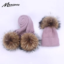 Hat Scarf Set Parent-child Beanies Hats Crochet Knitted Children Wool Soft Solid Real Fur Pom Pom Autumn Winter Women Wool