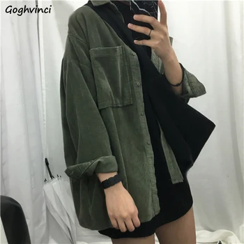 

Jackets Women Solid Single Breasted Loose Long Sleeve Turn-Down Collar Coats Womens Harajuku Casual Corduroy Jacket Students New