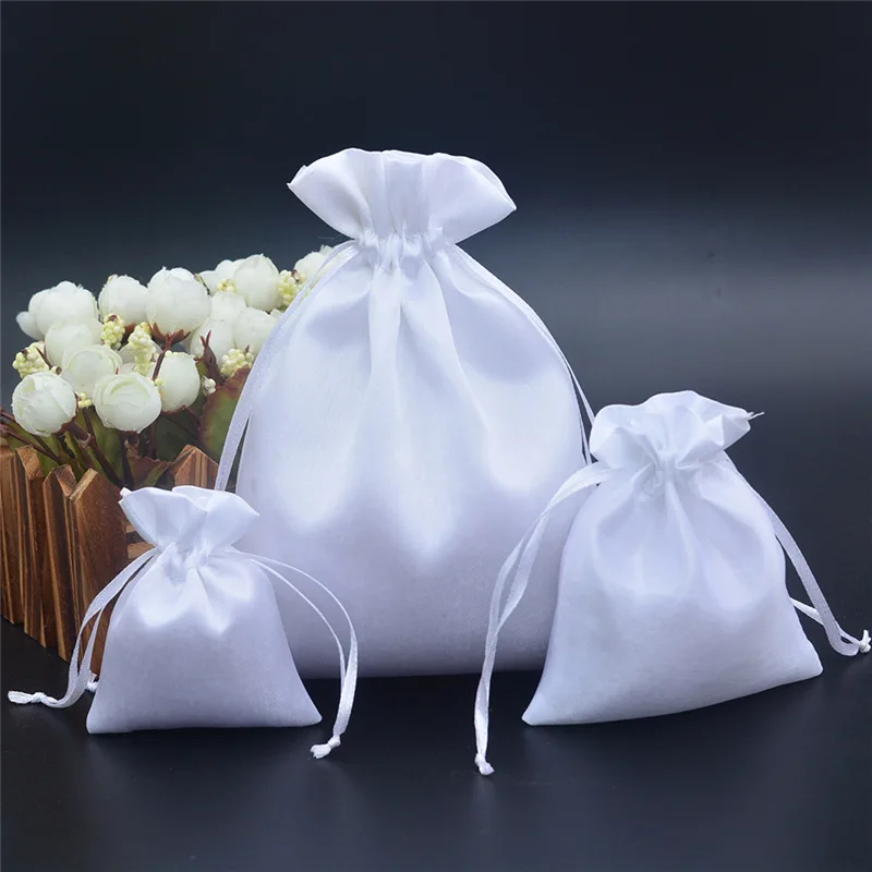 50pcs/lot White Satin Bags Drawstring Pouches For Jewelry Makeup Underwear Gift Packaging Bag Home Storage Sacks Custom Logo