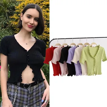 

Fashion V-neck T shirt Button Ruffled Short Croptops Section Exposed Navel Knitted Short Sleeved Basic T-shirt Cardigan