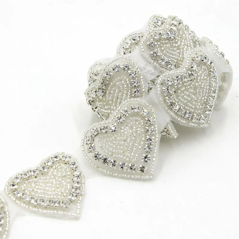 1 Yard 4 cm Heart Crystal Rhinestone Trims Appliques Dress Costume DIY Decor