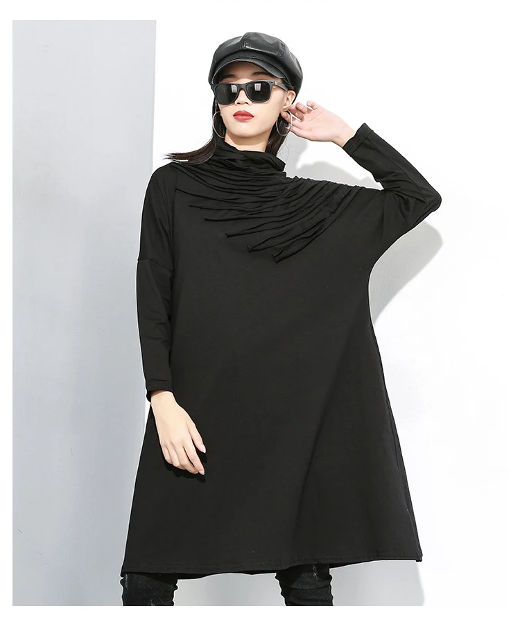 Новинка, корейский стиль, женское осеннее простое однотонное черное платье с длинным рукавом, Драпированное женское платье размера плюс, прямое платье миди, Vestido J250