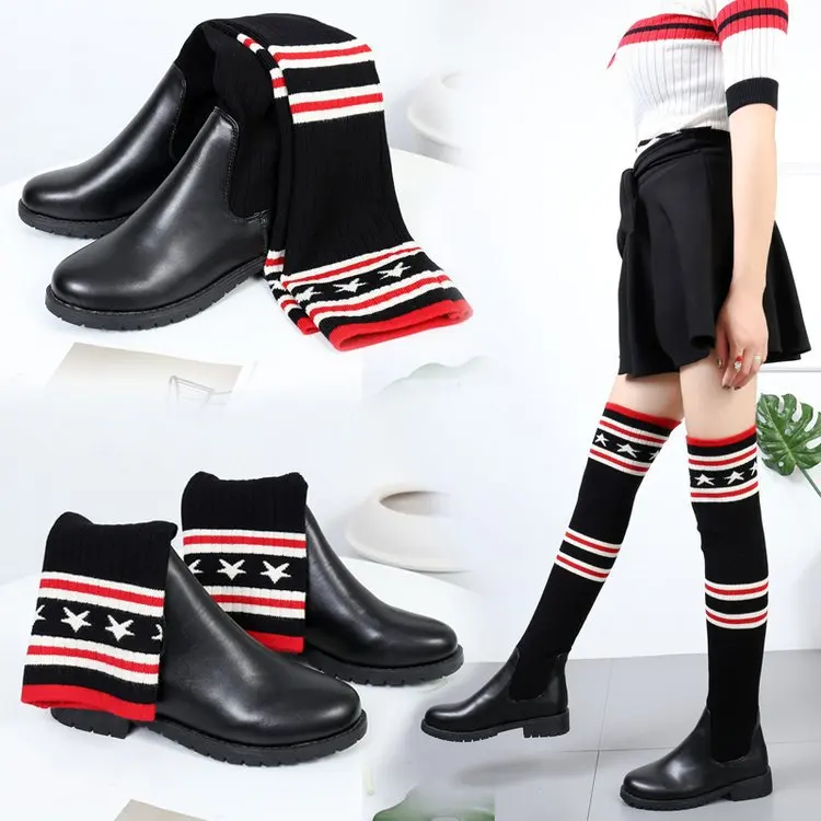 

Women's Star Socks Boots 2019Autumn and Winter New PU Women's Shoes Round Head Thick with ElasticOver The Knee BootsWomen Boots