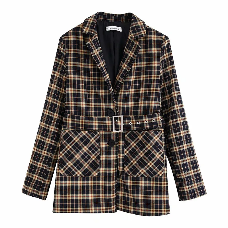 discounted  2019 Autumn Lattice Suit Jacket Belt Waist Slim Jacket Ladies Single Breasted Coat chaquetas mujer