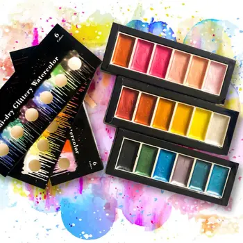 

6 Colors Cool Warm Metallic Watercolor Paint Set for Artist Drawing Glitter Water Color Pan Pigment Art Supplies