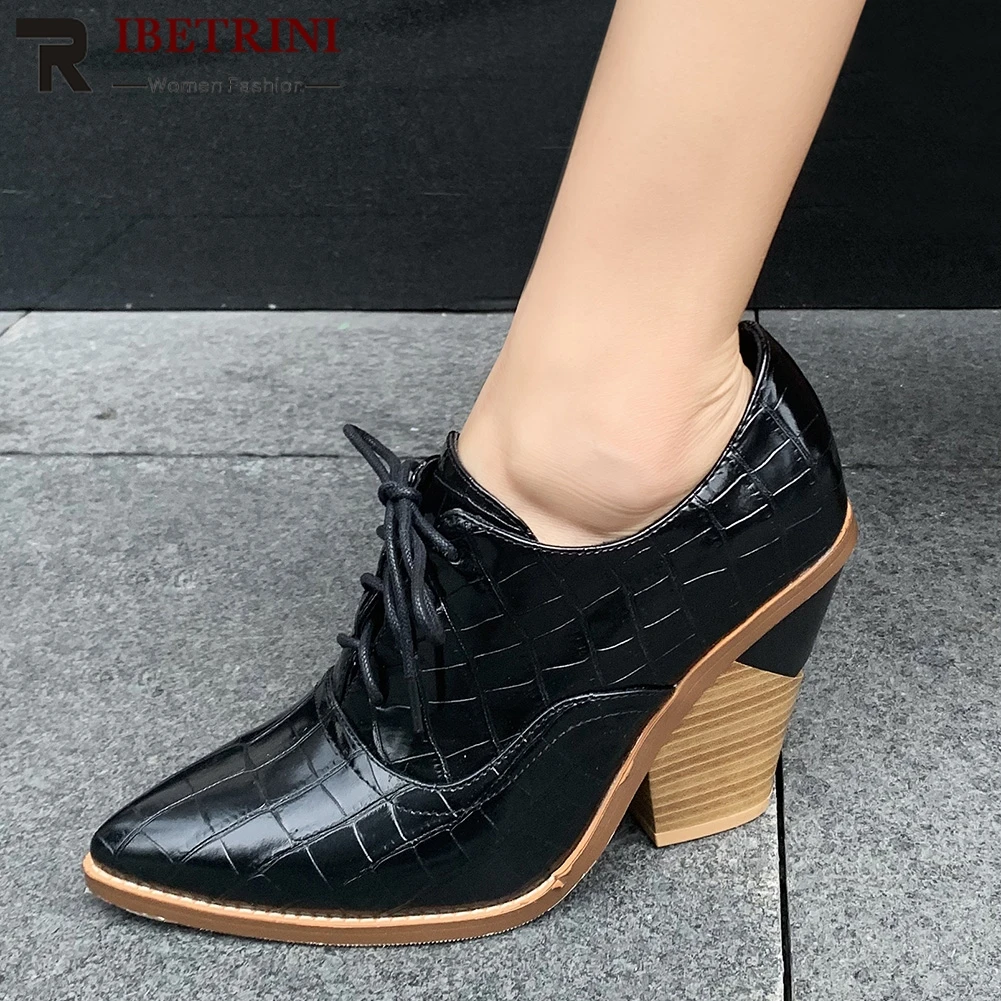 

RIBITRINI British Pointed Toe Ankle Boots Woman Hot Sale Spring Autumn Pointed Toe Lace Up Ankle Boots Woman Size 34-44