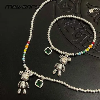 MEWANRY 925 Sterling Silver Necklace Bracelet Jewelry Set New String of Beads Accessorie Green Zircon Bear Pendant Party Jewelry