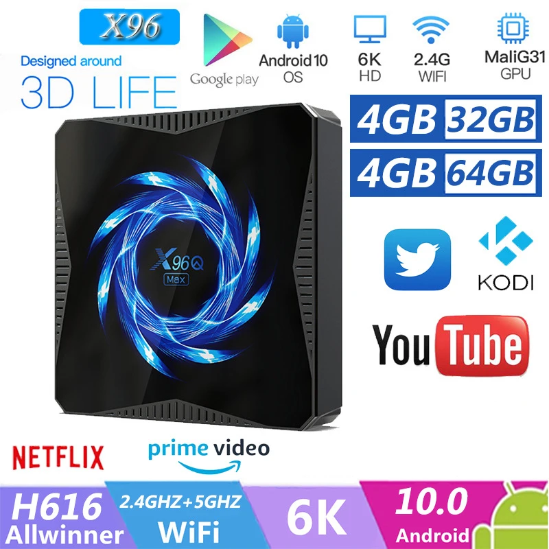 Смарт ТВ-приставка X96Q MAX Android 10 64 ГБ 4 Гб 32 4K H.265 медиаплеер 2 ГГц/5 0 ГГц Wi-Fi Bluetooth Google |