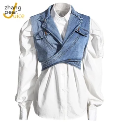Spring Women White Shirts Two Pieces Set Femme Denim Women White Tops Vest Female Casual Suit Set Streetwear