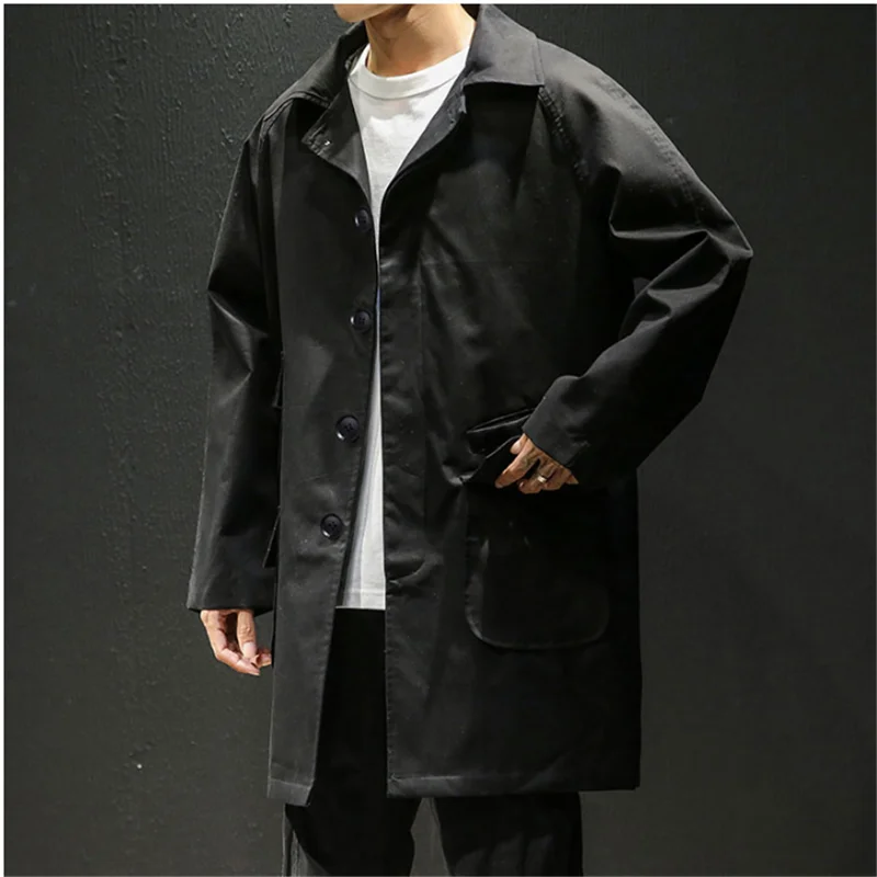 Осенний мужской Тренч, куртка с карманами, пальто, повседневные однотонные пальто, длинный Хлопковый тренч, Черный Армейский зеленый уличная одежда