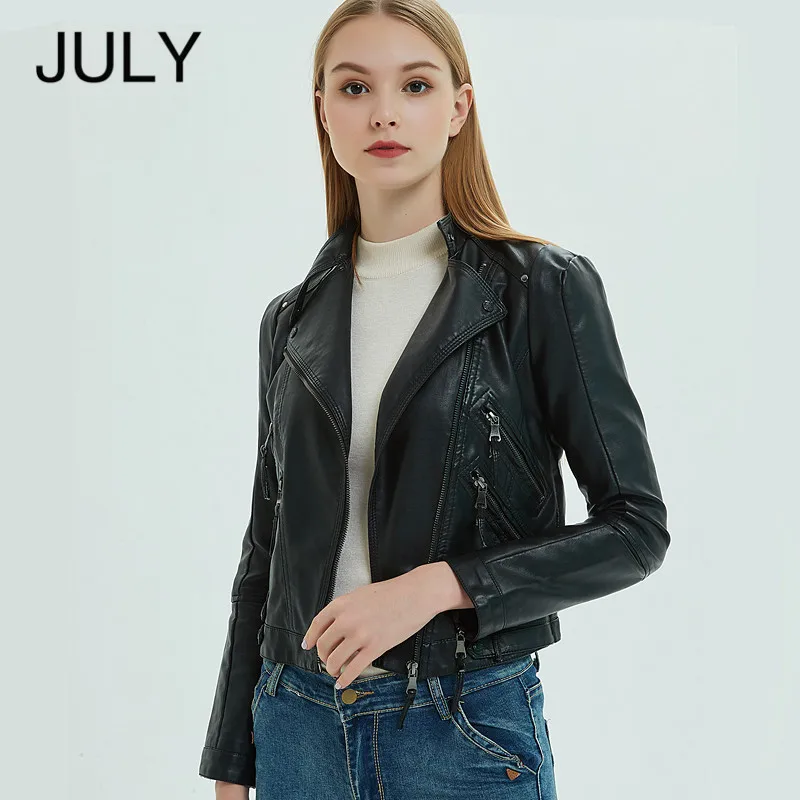 

2019 New Design Spring Autumn PU Leather Jacket Faux Soft Leather Coat Slim Black Rivet Zipper Motorcycle Pink Jackets