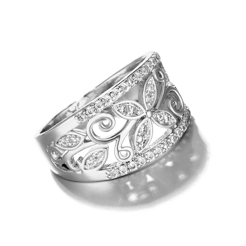 Женское модное позолоченное посеребренное кольцо в форме цветка с элегантным кристаллом, свадебное кольцо, модные вечерние ювелирные изделия, подарки
