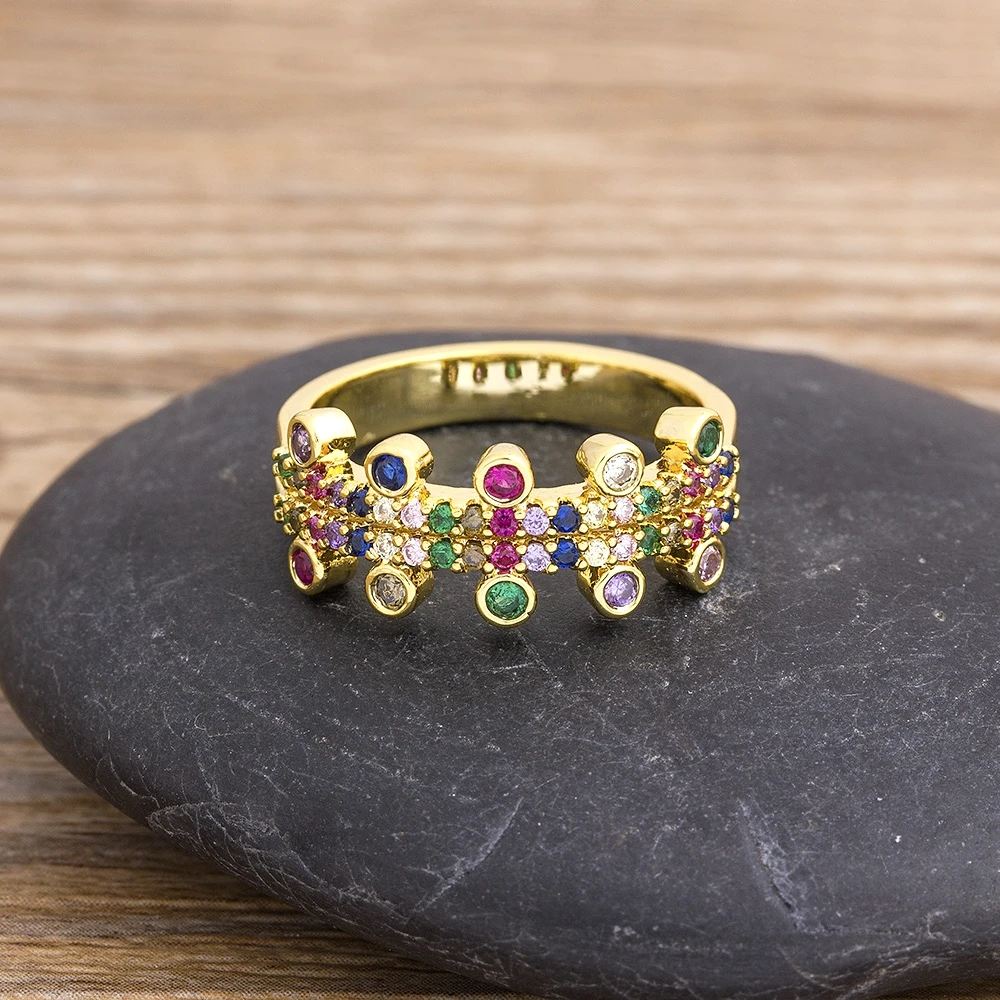 Geometric Luxury Boho Rainbow Copper Cubic Zirconia Ring For Women Charm Crystal Rings Fine Party Wedding Jewelry