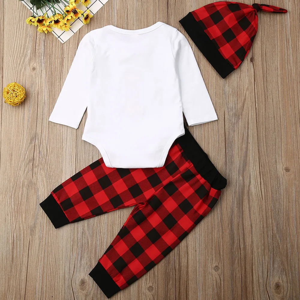Осенний комплект одежды для маленьких мальчиков и девочек 0-18 месяцев, Одежда для новорожденных на первое Рождество, Ромпер брюки, шапка, осенняя одежда