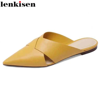 

Lenkisen new European style full grain leather big size design slip on pointed toe mules beauty lady leisure flat with women L83