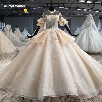 

HTL1061 arabic wedding dresses dubai illusion bead sequined lace short sleeve wedding gown plus size vestido de noiva princesa