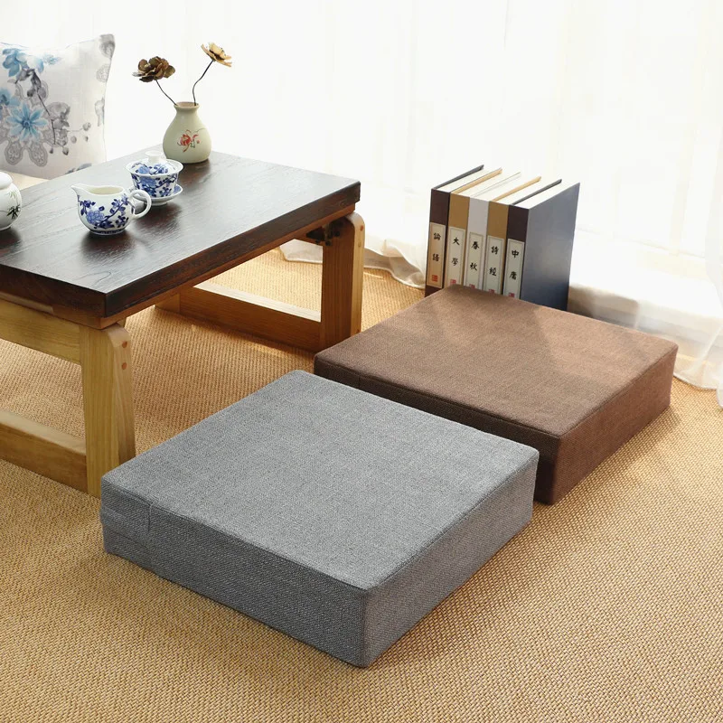 Japanese-Style Linen Square Cushion, Removable and Washable Thick Futon, Living Room Tableside Cushion