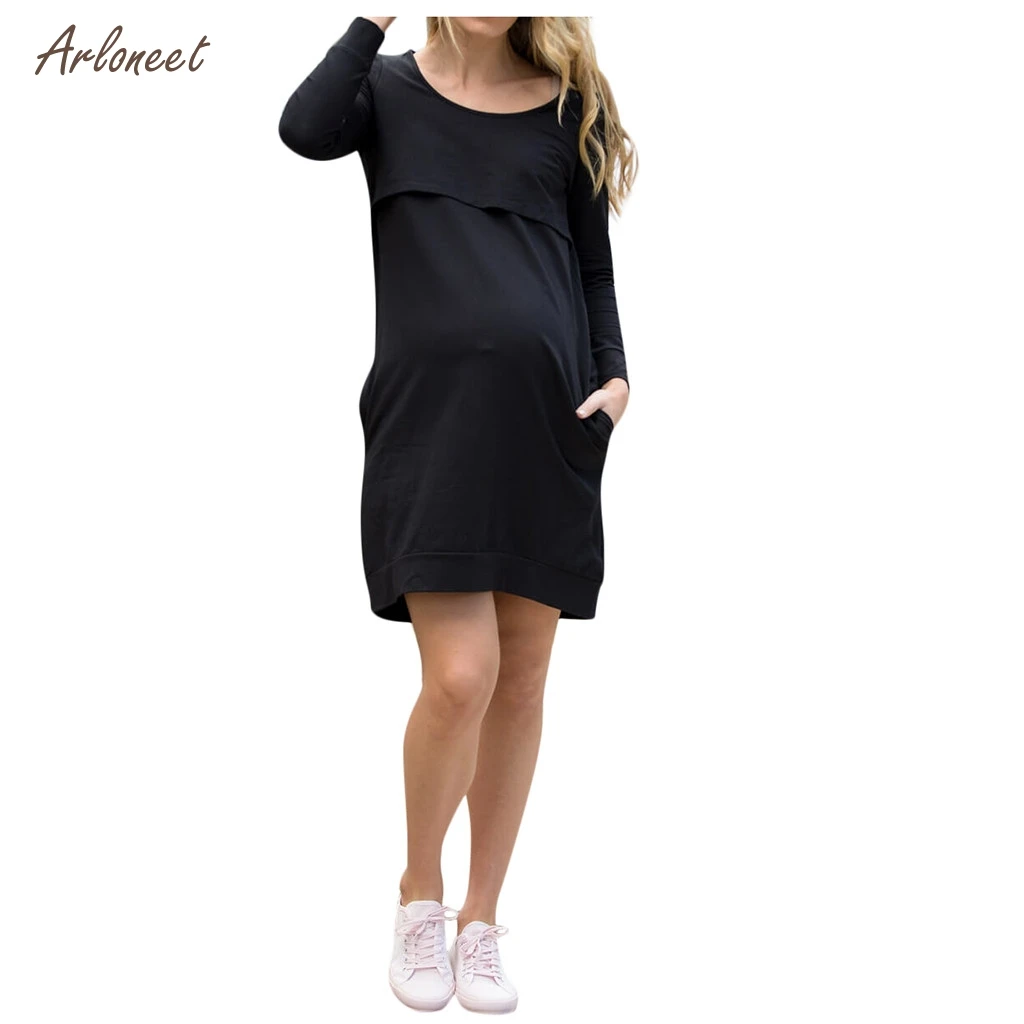 

ARLONEET 2019 Autumn Winter Maternity Long Sleeve Solid Dress With Pocket maternity dresses pregnant woman vestido de embarazo