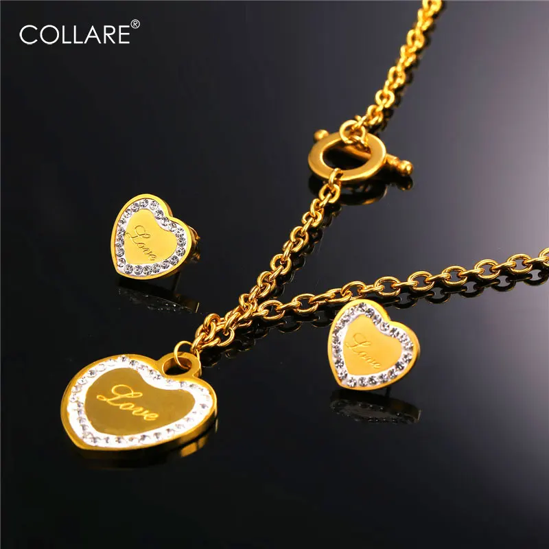 Collare Crystal Heart Jewelry Sets For Women Love Gift Gold Color Rhinestone Stainless Steel Stub Earrings Necklace S250 | Украшения и