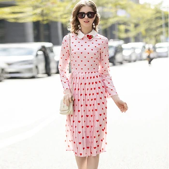 

Women's Runway Dresses Peter Pan Collar Long Sleeves Pleated Sweatheart Printed High Street Fashion Casual Dress