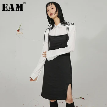 

[EAM] Women black Bandage Vent Satin Spaghetti Strap Dress NewSleeveless Loose Fit Fashion Tide Spring Autumn 2020 1S752