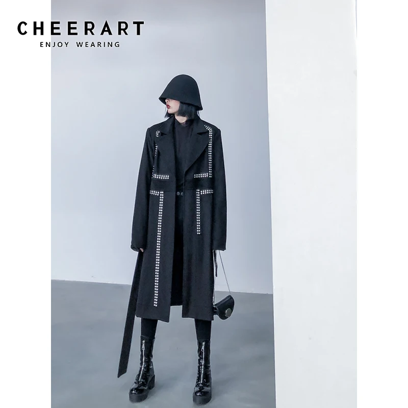 Женское шерстяное пальто CHEERART Черное длинное на шнуровке с заклепками зимнее 2019 |