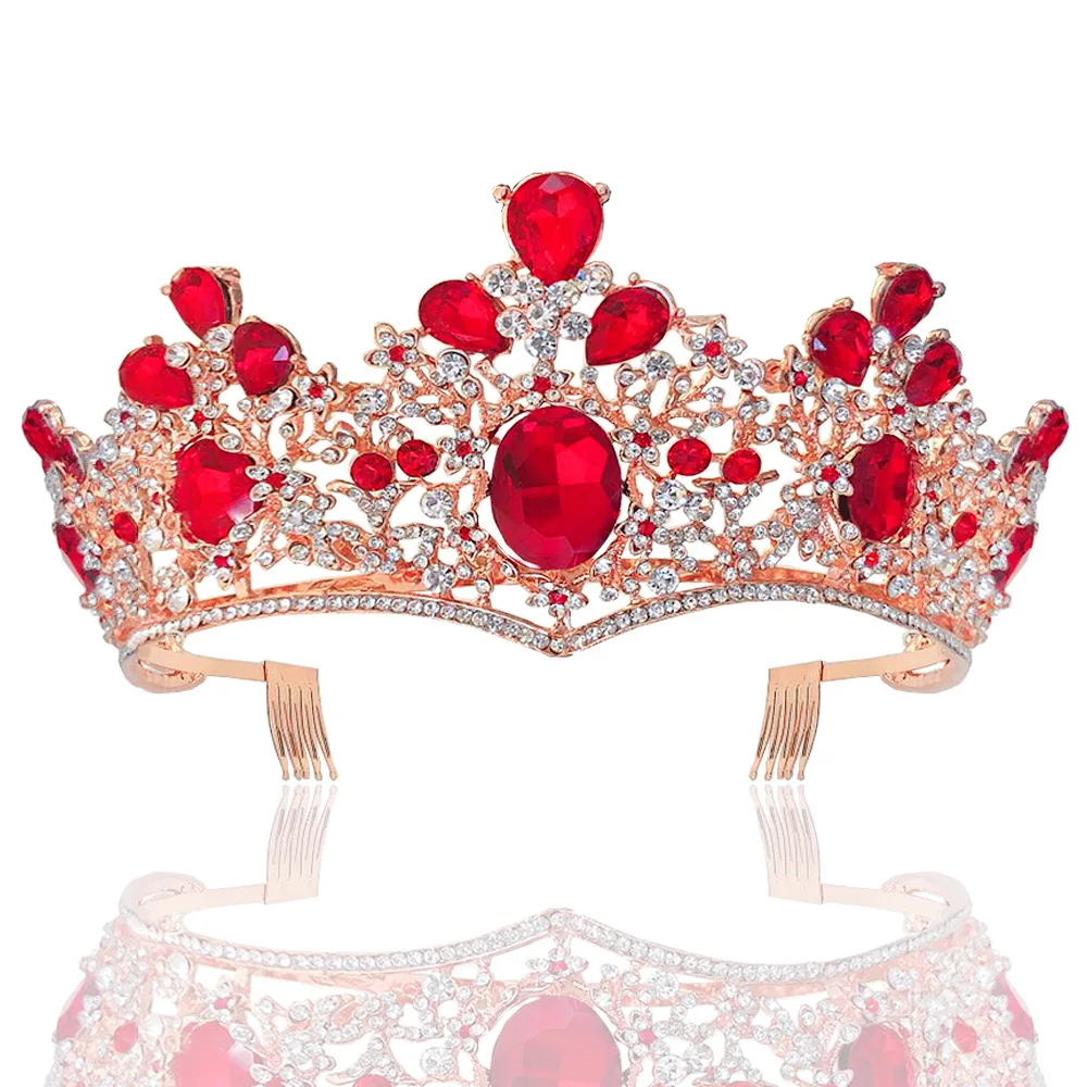 KMVEXO Роскошные Стразы Свадебная Корона-Тиара с гребнями барокко Полный Кристалл диадема для невесты ободки Свадебные украшения для волос - Окраска металла: red
