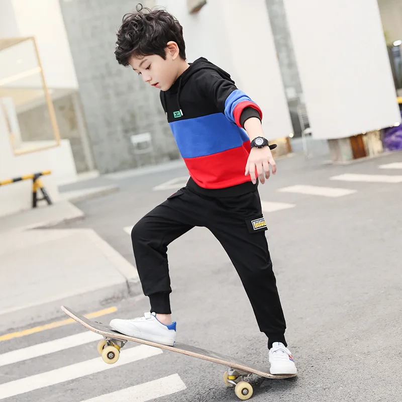

Childrenswear 2019 New Style Korean-style Two-Piece Set Big Boy Back Embroidery Contrast Color Hoodie Suit Hoodie with Sleeves