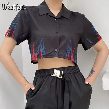 

Waatfaak Single Breasted Flame Print Crop Top Tee Shirt Women Turn-down Collar Short Sleeve T-shirt Black Casual High Street