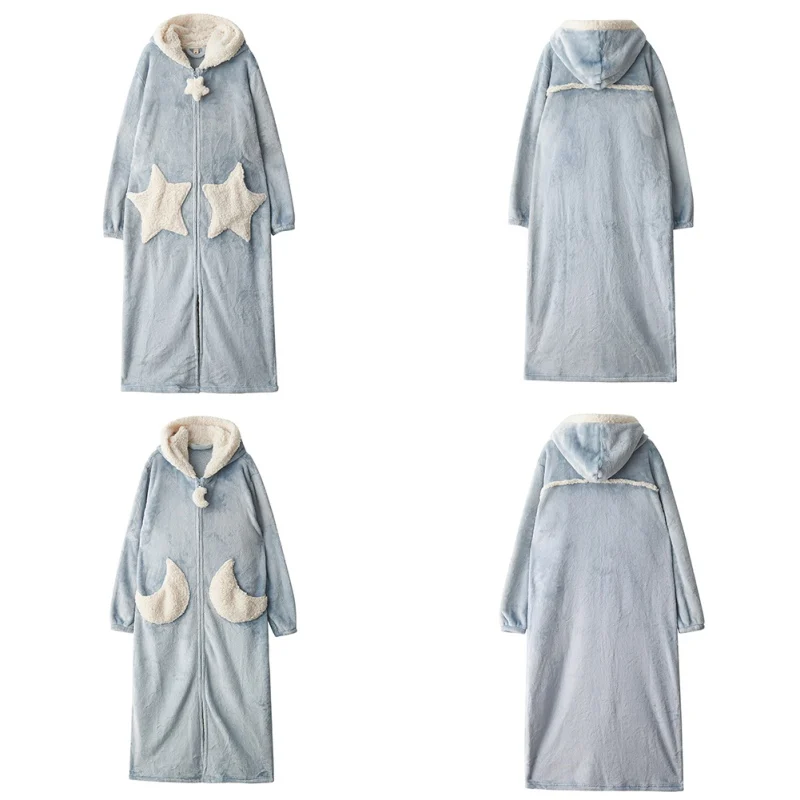 Осенняя и зимняя одежда для сна, длинный халат, Коралловая бархатная ночная рубашка для пары, толстая Пижама с пятиконечной звездой и карманами, длинный домашний халат с капюшоном