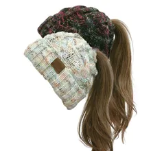 Новинка, модные популярные женские шапки, осень/зима, толстые, теплые, завитые, вязанные, конский хвост, шерстяной свитер, шапка для девочки, 7 цветов