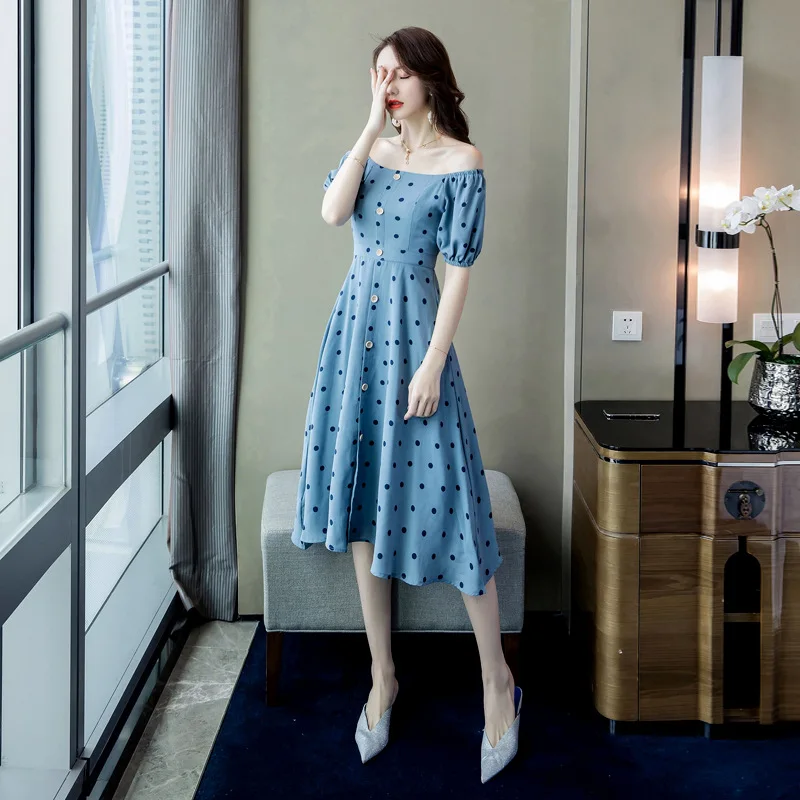 

Dress 2019 Summer New Products Debutante WOMEN'S Dress-Style Slim Fit Square Collar Short Sleeve A- line Skirt