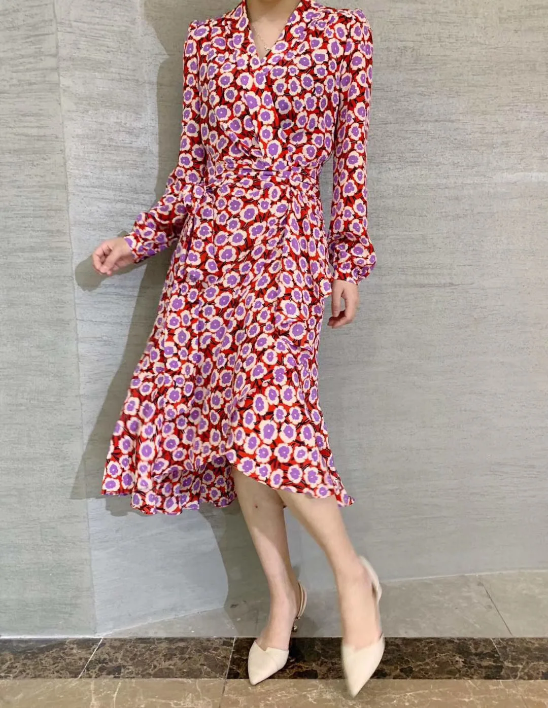 

2020 New Asymmetric Women Midi Dress V-neck Ladies Slim Waist Silk Wrap Beach Holiday Long Dresses Plum Blossoms Printted