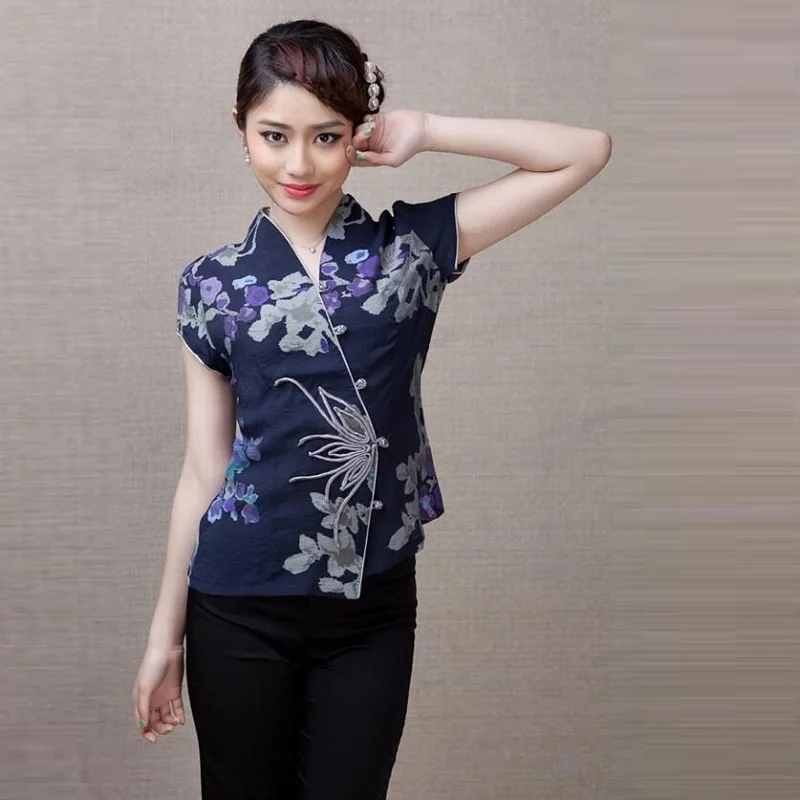 Женские китайские топы, Цветочная рубашка Ципао, топ с коротким рукавом, китайский традиционный Топ, льняная китайская блузка для женщин TA2129