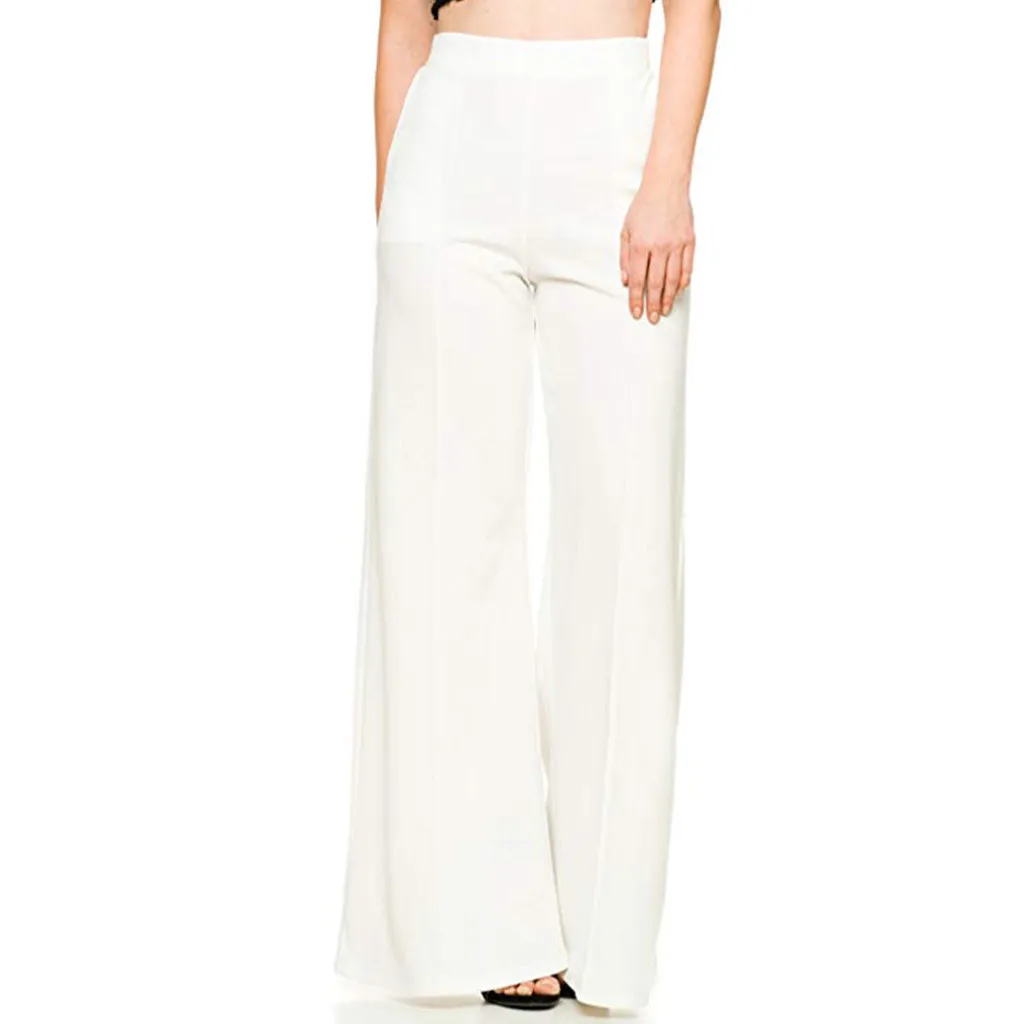 Модные новые уличные брюки Женские однотонные свободные широкие длинные брюки облегающие полосатые леггинсы женские с высокой талией струящиеся брюки палаццо - Цвет: white