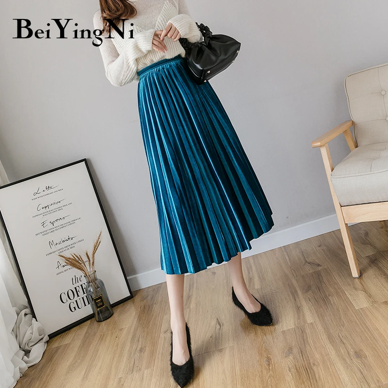 Beiyingni Autumn Winter Gold Velvet Midi Skirt for Woman High Waist Vintage Casual Pleated Skirts Womens Solid 7Colors Warm Saia