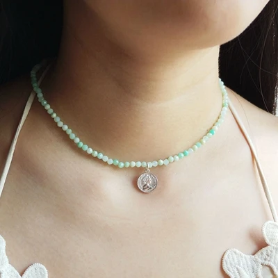 Chrysoprase Lii Ji 3 мм Драгоценный Камень Аквамарин перидот Розовый кварц и т. Д. 925 пробы Серебряная монета очаровательное винтажное ожерелье 40+ 5 см - Цвет камня: Chrysoprase