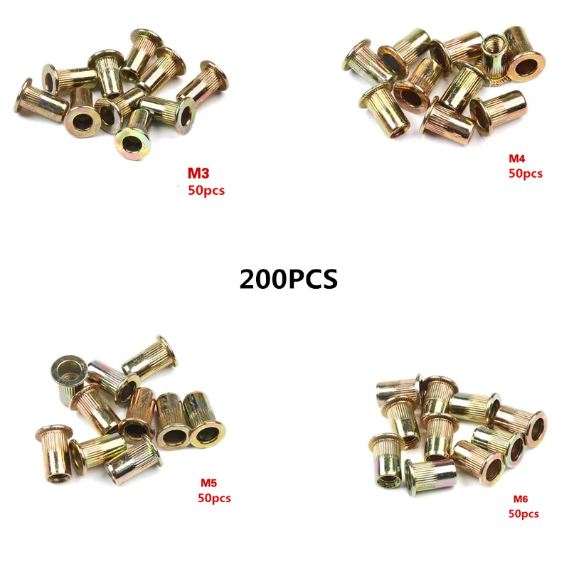 200pcs M3-M6 200/50 шт. набор заклепок из нержавеющей стали/углеродистой стали с плоской головкой M3 M4 M5 M6 многоразмерные гайки с заклепками - Цвет: 200pcs M3-M6