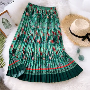 

Women Indie Folk Style Print Pleated Skirts Autumn 2020 Fashion Striped Floral Casual A-Line Elastic High Waist Midi Skirt jupe