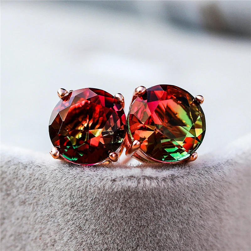 

Charm Women Ladies Crystal Round Stud Earrings Elegant Female Silver Rose Gold Earrings Fashion Rainbow Zircon Wedding Earrings