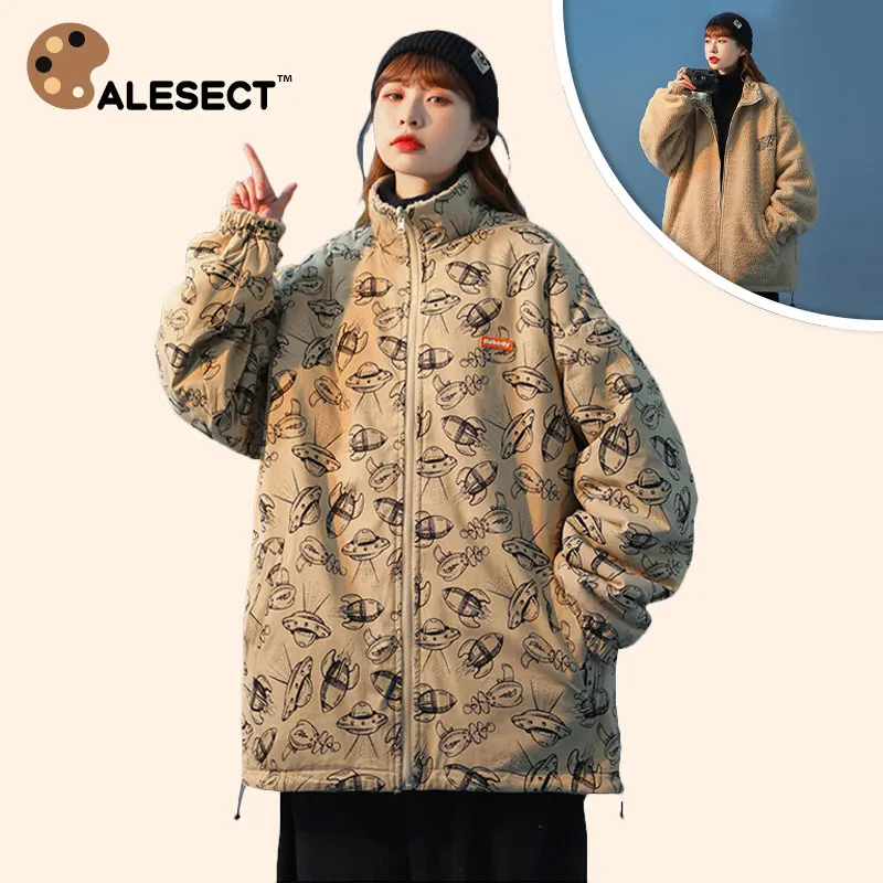 

CALESECT Double Sided Winter Jacket Zip Up Coat Warm Cartoon Print 2021 Women Men Unisex Harajuku Streetwear Lambswool Oversize